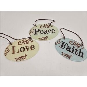 Inspirational Rustic Wall Decor Set –6" ea Love Peace Faith w/Leather Hangers